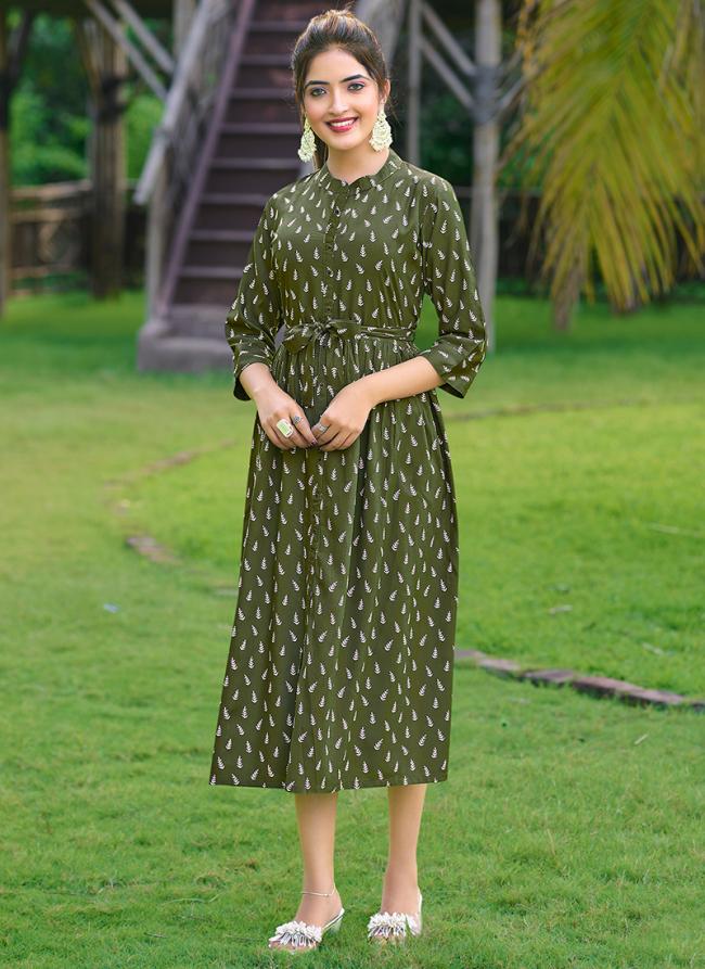 Rayon Olive Green  Casual Wear Printed Readymade Kurti 